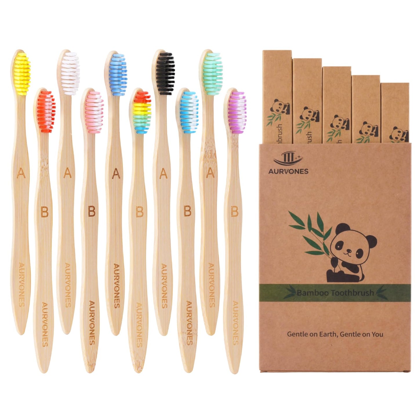 Bamboo Toothbrushes Soft Bristles, 10 Pack Natural Toothbrush | Eco Friendly Plastic Free Toothbrush Castor Oil Bristles, BPA Free Wooden Toothbrush for Family & Travel