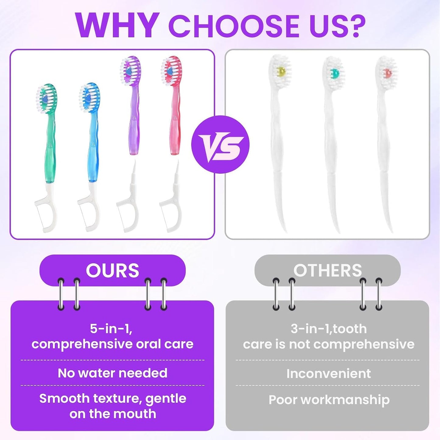 48 Pack 5-in-1 Mini Toothbrush Disposable, Prepasted Toothbrushes | Waterless Disposable Toothbrushes with Toothpaste, Floss, Tongue Scraper & Toothpick, for Travel, Hotel, Camping