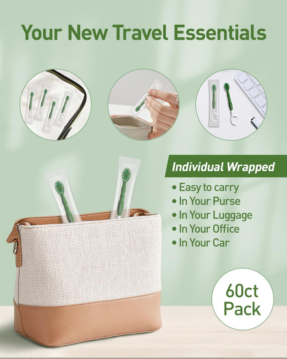 60Ct Disposable Mini Travel Toothbrush Bulk with Toothpaste | 5in1 Portable Toothbrushes Set Floss Pick Tongue Scraper Cruise and Travel Essentials