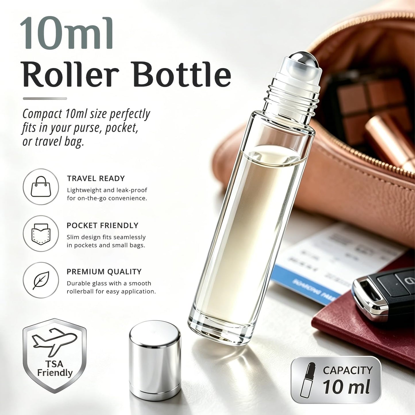 PrettyCare Set of 60, 10 ml Essential Oil Roller Bottles with Stainless Steel Roller Ball - Bulk Refillable Leak-proof Empty Clear Glass Roll on Bottles with Silver Metal Caps for Travel, Perfume