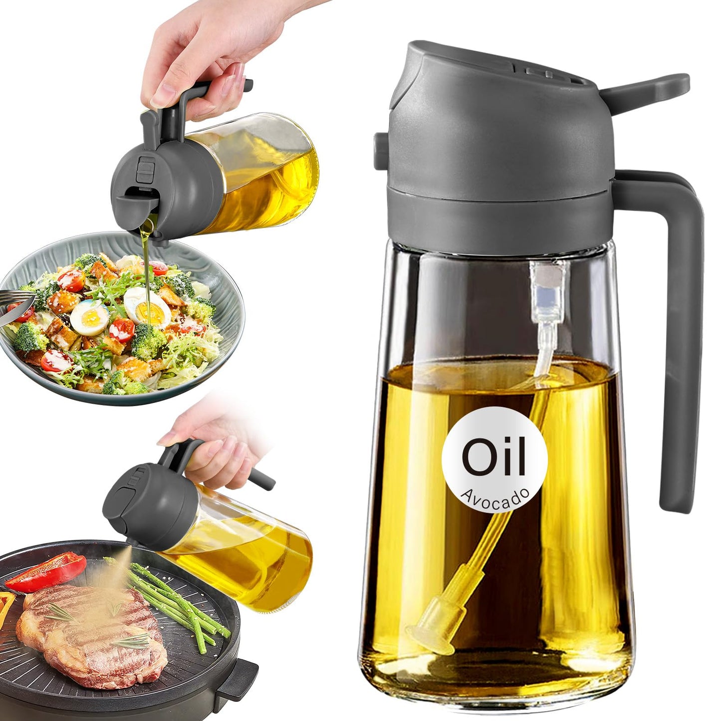 YARRAMATE 16 oz 2-in-1 Glass Olive Oil Sprayer for Cooking, Black | Food-grade dispenser bottle, 470 ml, spray and pour, portion control, stickers included, for salad, frying and BBQ