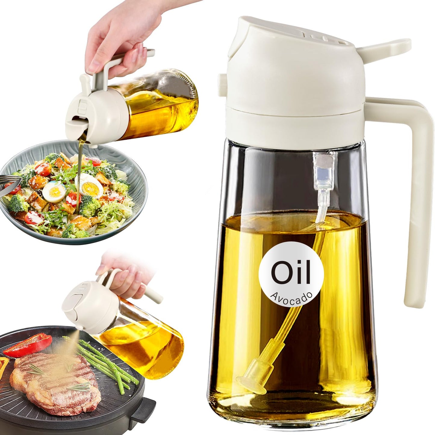 YARRAMATE 16 oz 2-in-1 Glass Olive Oil Sprayer for Cooking, Black | Food-grade dispenser bottle, 470 ml, spray and pour, portion control, stickers included, for salad, frying and BBQ