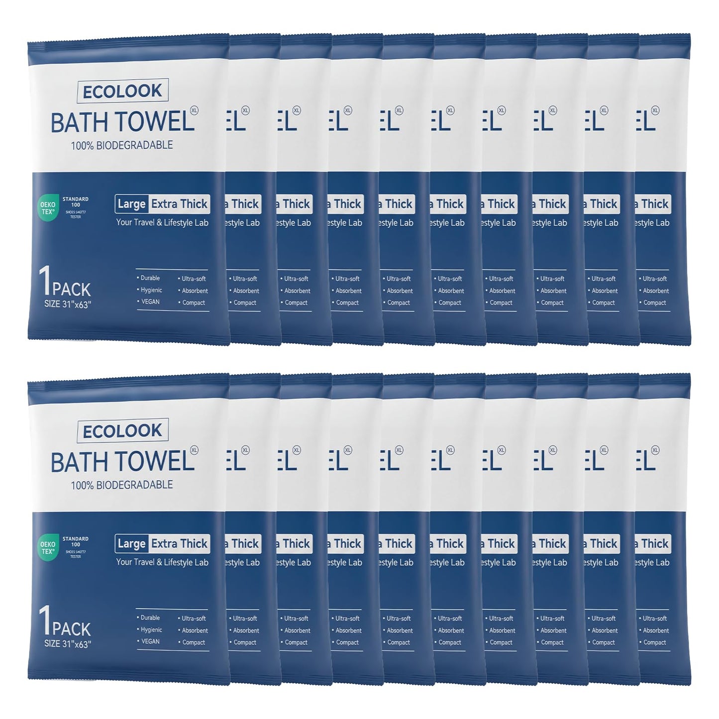 ecolook Disposable Bath Towels for Travel, 10-Pack Extra Large 31"x63" | 100GSM Plant Fiber, Dual Texture Soft & Quick-Drying Disposable Towels for Hotel Camping Beach Swimming Gym Sauna Spa