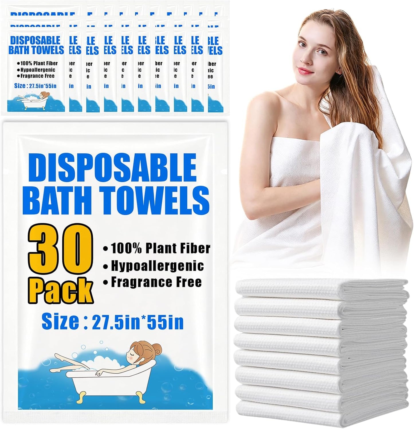 30 Pack Disposable Bath Towels 55''X27.5'', Ultra Soft Travel Towels | Individually Wrapped Large Absorbent Towels for Hotel, Business Trip, Camping, Swimming, Spa, Sauna and Pet Care