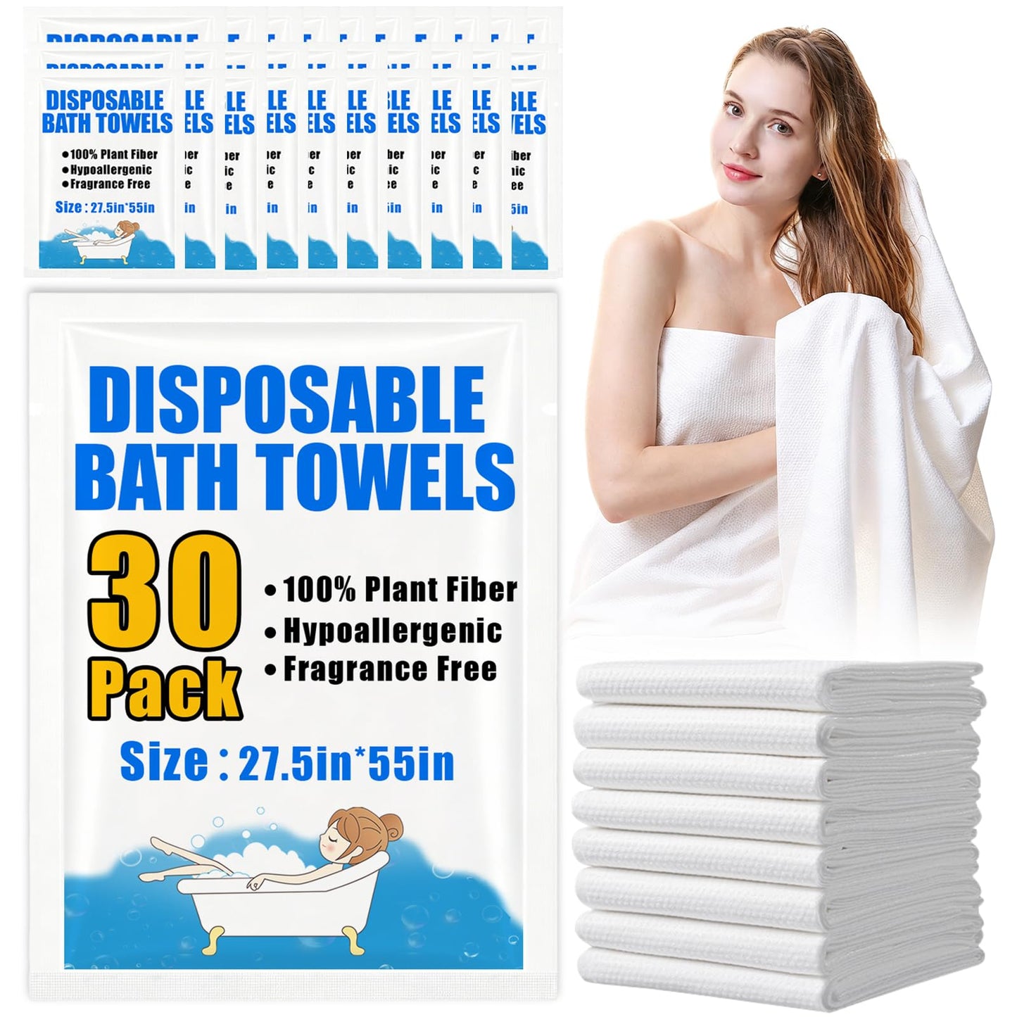 30 Pack Disposable Bath Towels 55''X27.5'', Ultra Soft Travel Towels | Individually Wrapped Large Absorbent Towels for Hotel, Business Trip, Camping, Swimming, Spa, Sauna and Pet Care