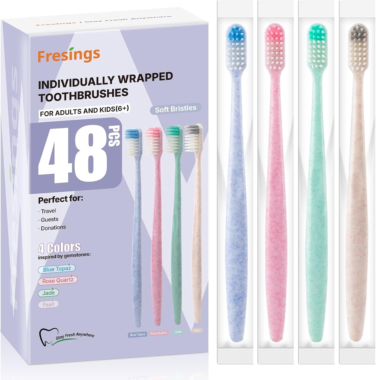 Bulk Disposable Toothbrushes, Individually Wrapped, 48 Count | Soft bristle toothbrushes, full-size handles, 4 colors; ideal for adults, kids, guests, hotels, travel, camping, hygiene kits