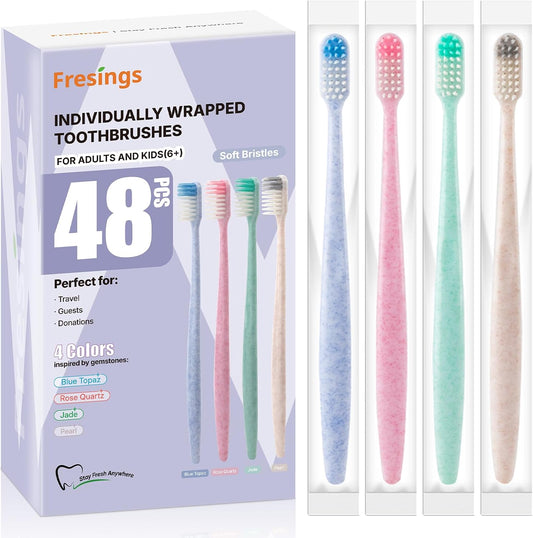 Bulk Disposable Toothbrushes, Individually Wrapped, 48 Count | Soft bristle toothbrushes, full-size handles, 4 colors; ideal for adults, kids, guests, hotels, travel, camping, hygiene kits