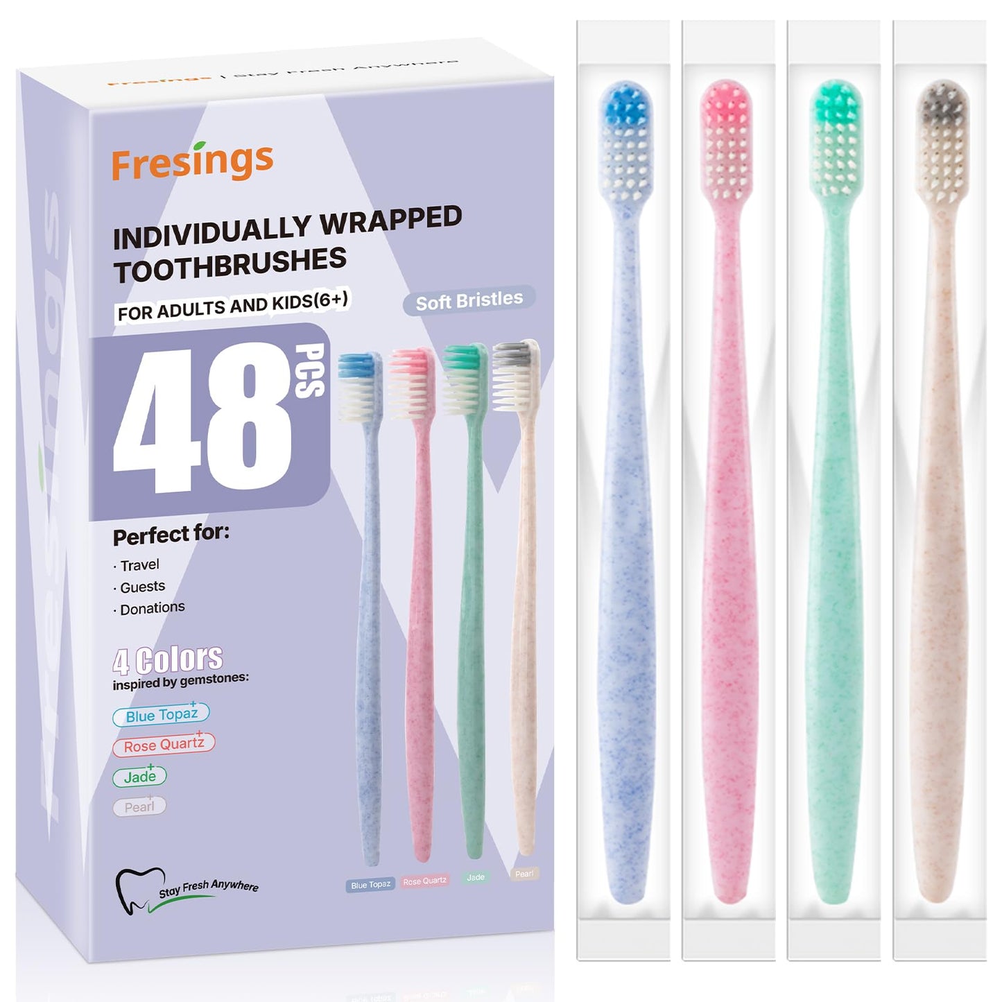 Bulk Disposable Toothbrushes, Individually Wrapped, 48 Count | Soft bristle toothbrushes, full-size handles, 4 colors; ideal for adults, kids, guests, hotels, travel, camping, hygiene kits