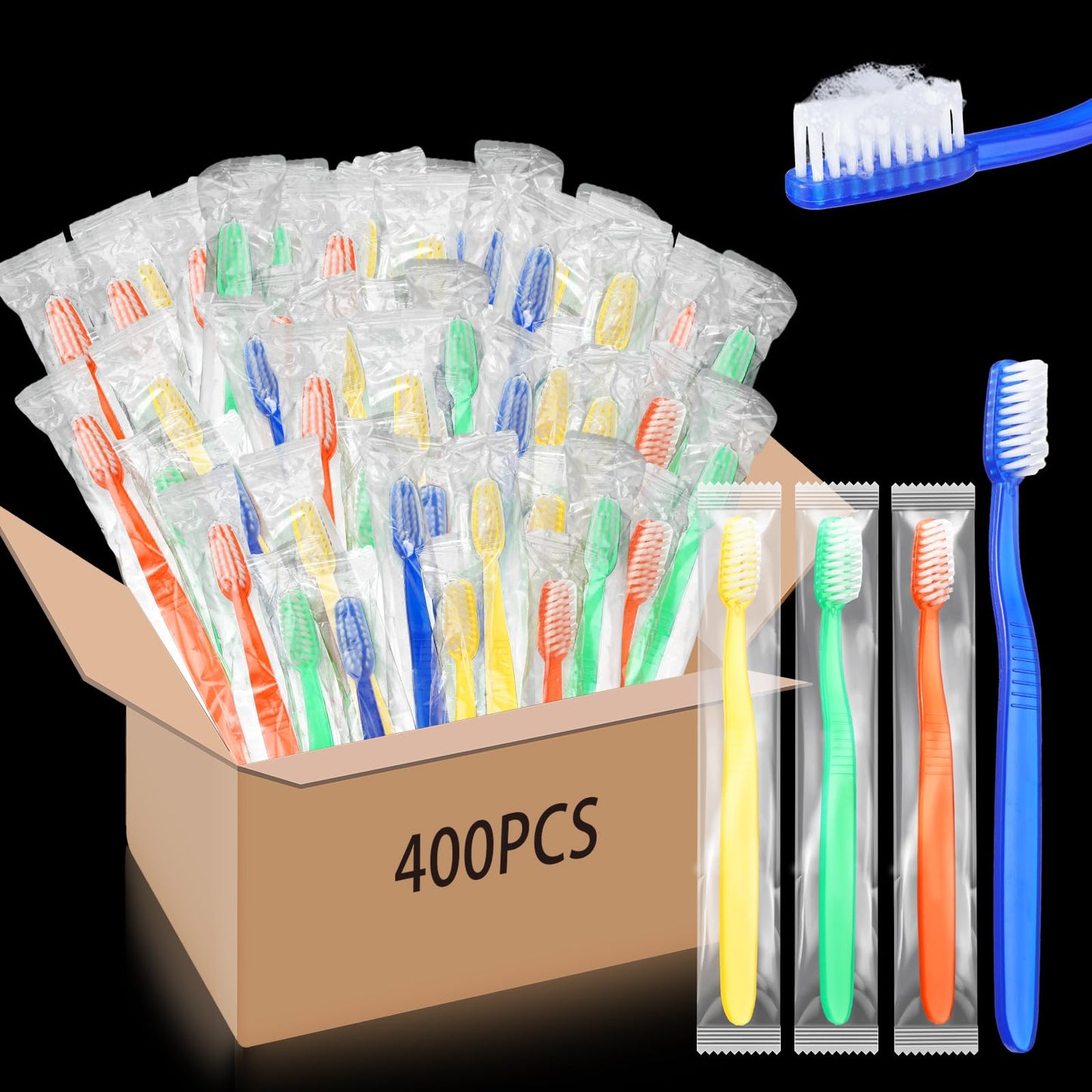 Ziliny 400 Prepasted Disposable Toothbrushes Bulk Individually Wrapped | Prepasted Disposable Toothbrush,Soft Bristle,Travel, Colorful Toothbrush, for Homeless Gift, Hotel Camping Travel