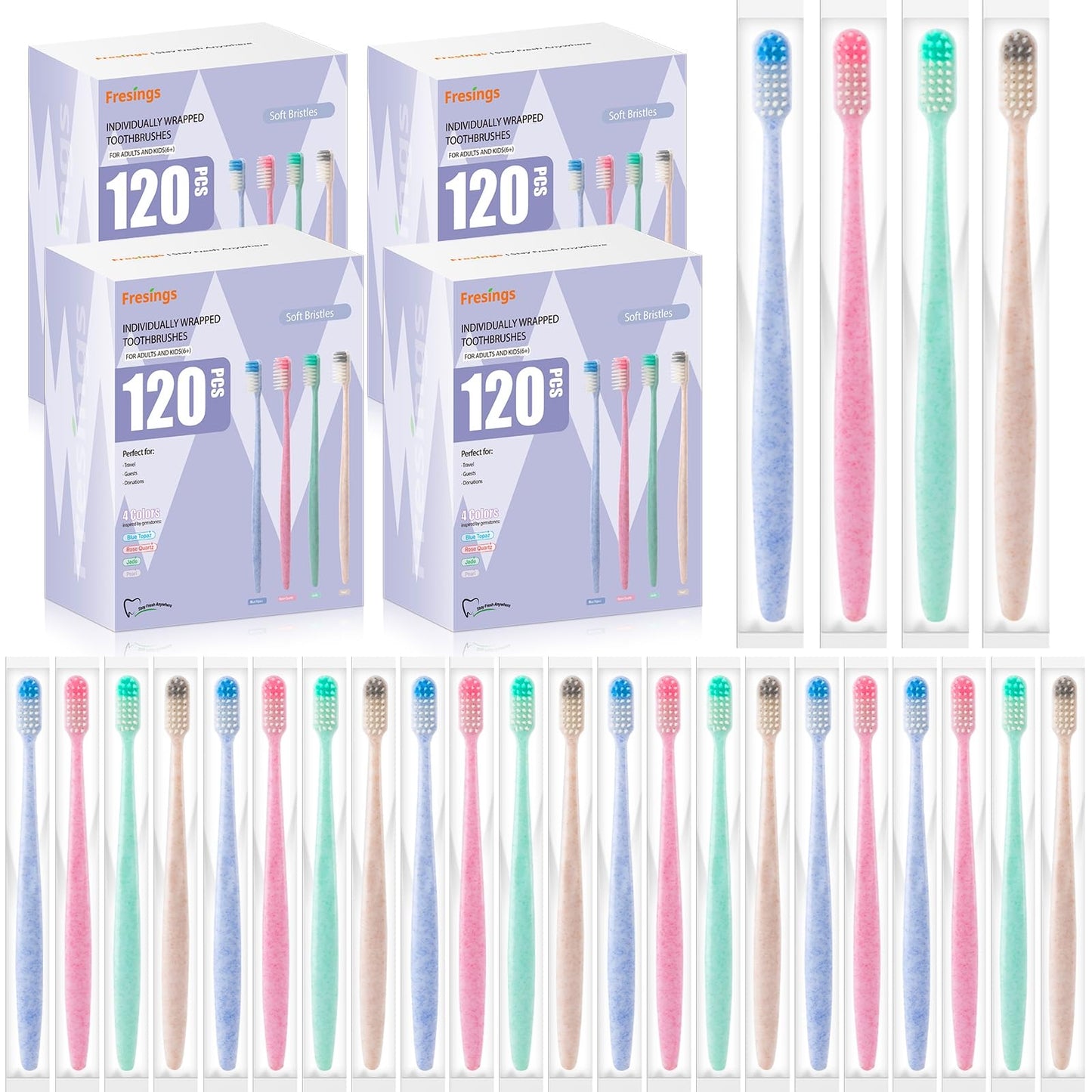 Bulk Disposable Toothbrushes, Individually Wrapped, 48 Count | Soft bristle toothbrushes, full-size handles, 4 colors; ideal for adults, kids, guests, hotels, travel, camping, hygiene kits