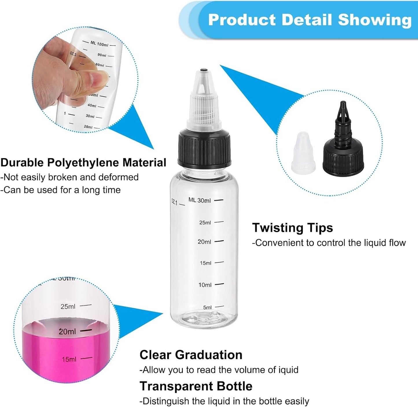 PATIKIL 1oz(30ml) Plastic Dispensing Bottle, 5Pcs Squeeze Graduated Empty Bottles with Black Twist Cap for Liquids, Inks, Oils, Sauces, Arts and Crafts, Transparent
