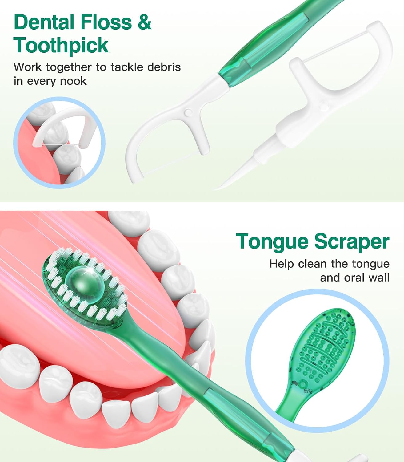12 Pack 5 in 1 Mini Disposable Toothbrush Kit, Green Tea Flavor | Individually Wrapped, Built-in Toothpaste, Floss, Tooth Pick, Tongue Scraper, Portable for Kids Adults