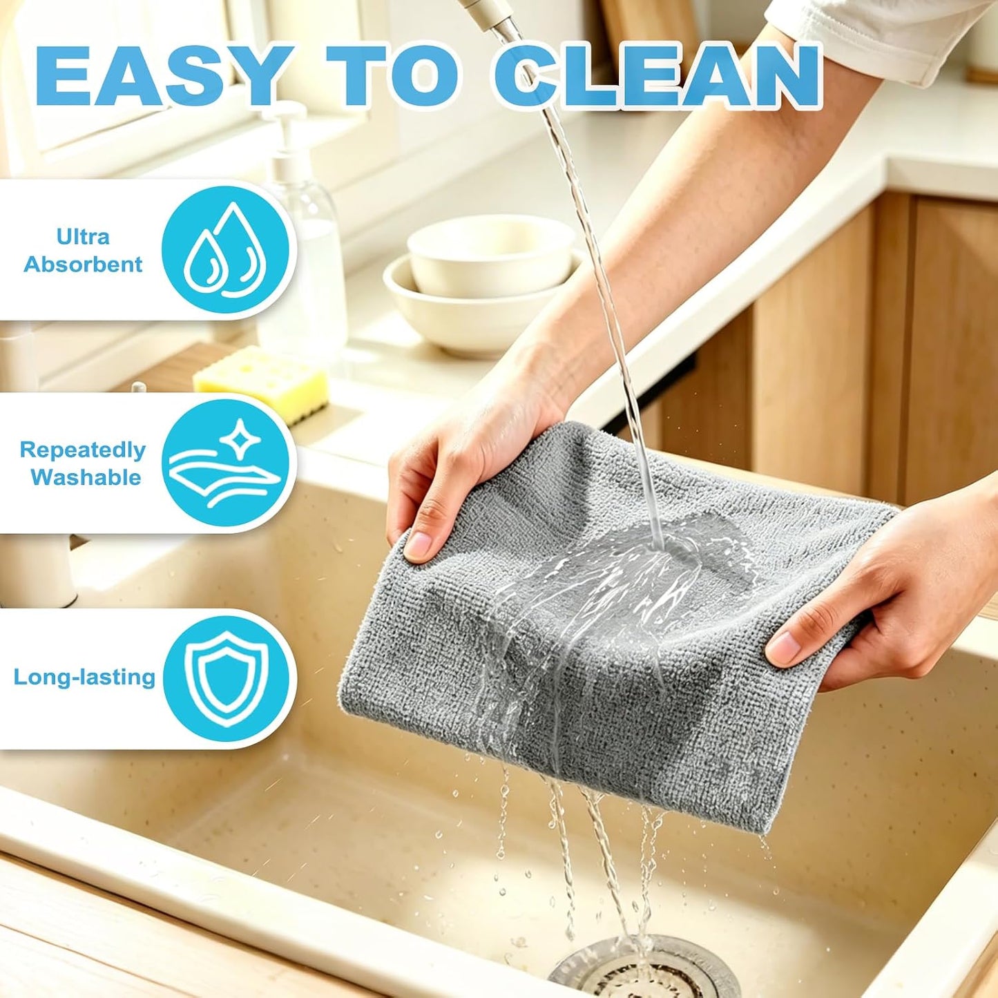 Puomue 55 Pack Microfiber Cleaning Cloth Roll, Tear Away Reusable Paper Towels, 11" x 9", Ultra Absorbent & Lint Free Microfiber Cloth for Cleaning Cars, Kitchen, Window, Home and Shop, Grey