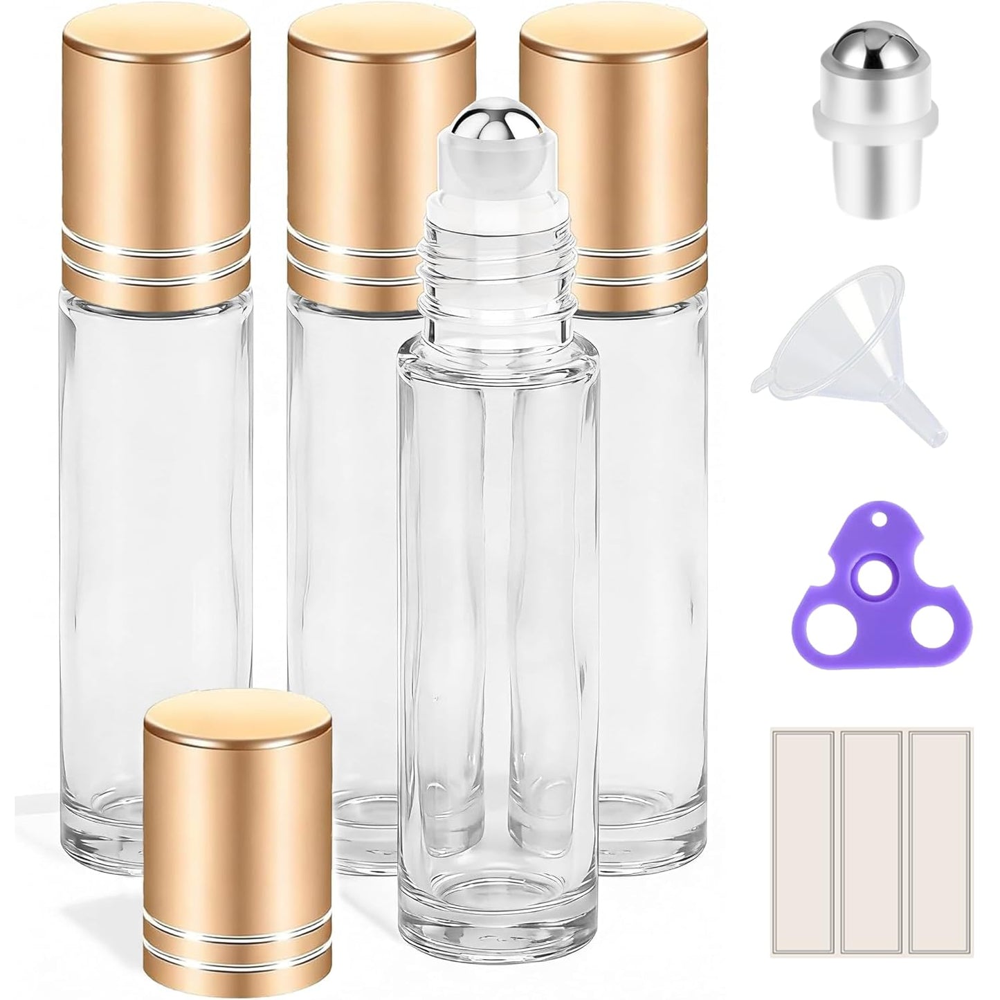 PrettyCare Set of 60, 10 ml Essential Oil Roller Bottles with Stainless Steel Roller Ball - Bulk Refillable Leak-proof Empty Clear Glass Roll on Bottles with Silver Metal Caps for Travel, Perfume