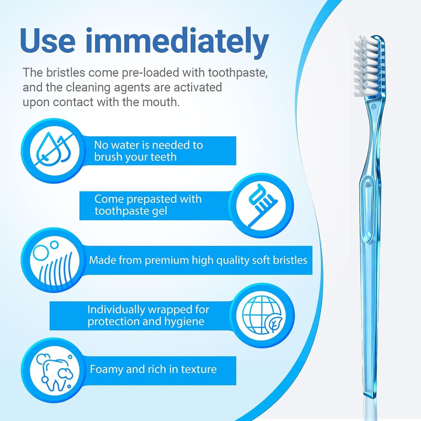 Disposable Toothbrushes with Toothpaste, Mint,50 Pack | Prepasted Toothbrush Individually Wrapped,Fluoride Free, No Rinsing,Bulk for Airbnb, Hotels, Camping, Travel，Business Trips