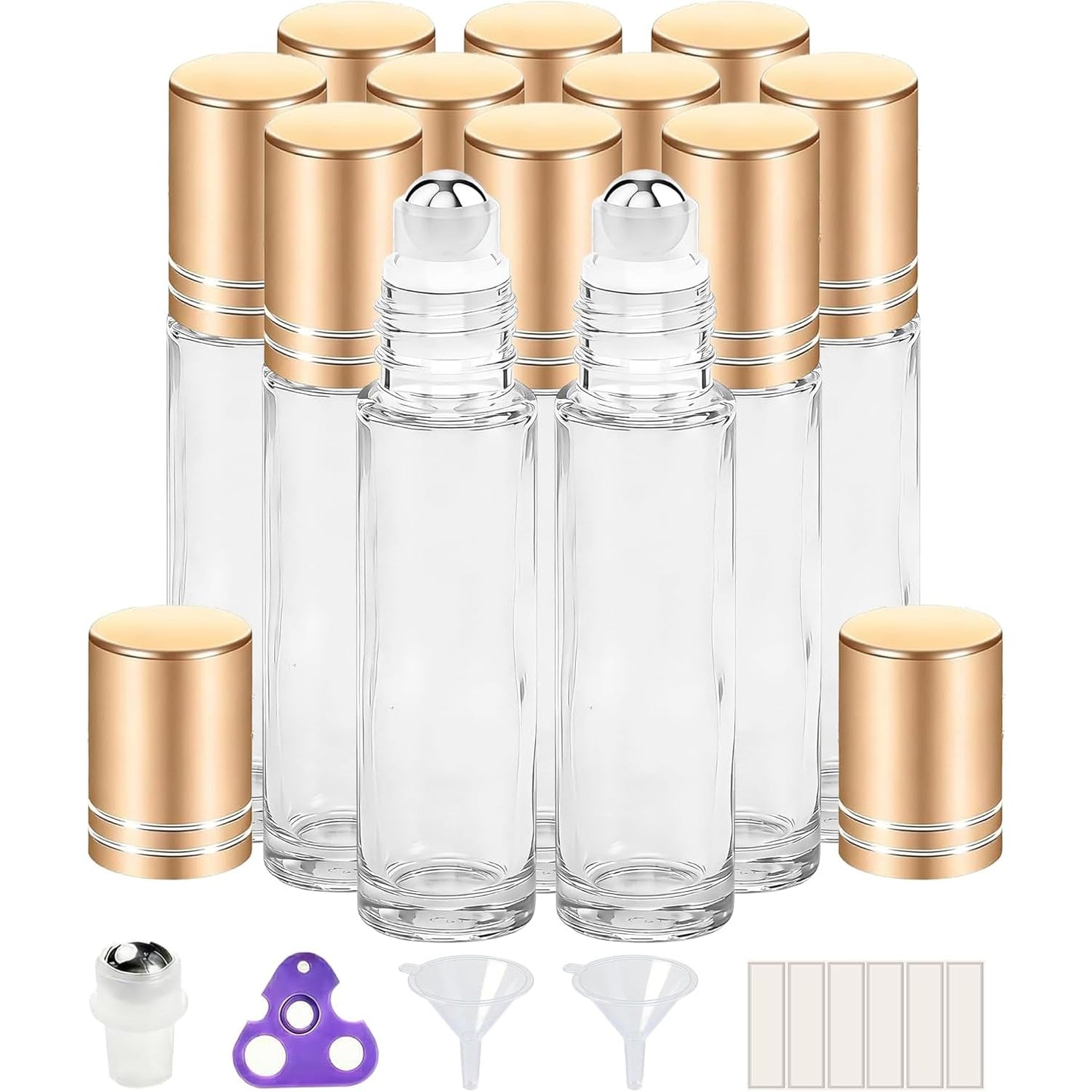 PrettyCare Set of 60, 10 ml Essential Oil Roller Bottles with Stainless Steel Roller Ball - Bulk Refillable Leak-proof Empty Clear Glass Roll on Bottles with Silver Metal Caps for Travel, Perfume