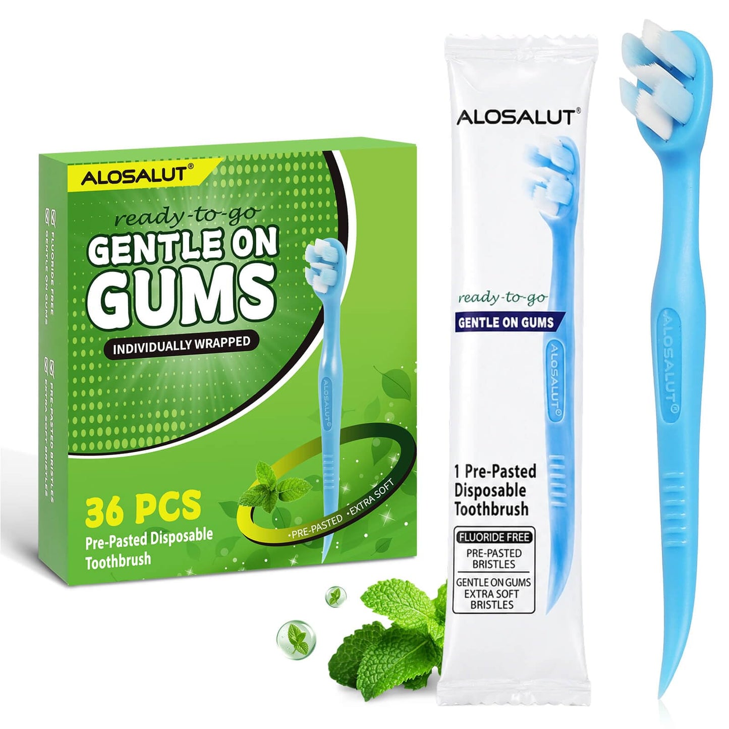 36 Pack Pre-Pasted Mint Disposable Toothbrushes – Individually Wrapped Mini Ultra Soft Bristles Toothbrush - Fluoride Free No Rinsing - 3-in-1 with Floss Pick Tongue Cleaner for Braces Travel Camping