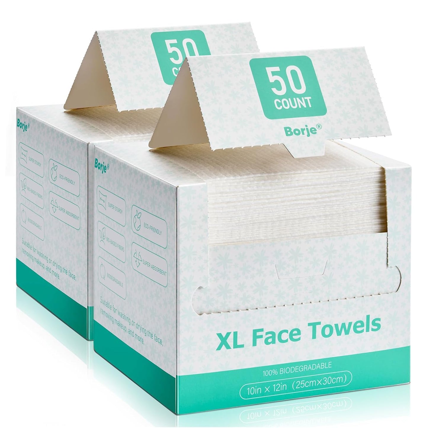 Borje Face Towels XXL, Disposable Face Towel 10" x 12", 100 Count (2 Packs of 50), 100% USDA Biobased Facial Towelettes, Ultra Soft & Hygienic Makeup Remover Dry Wipes for Women Cleansing