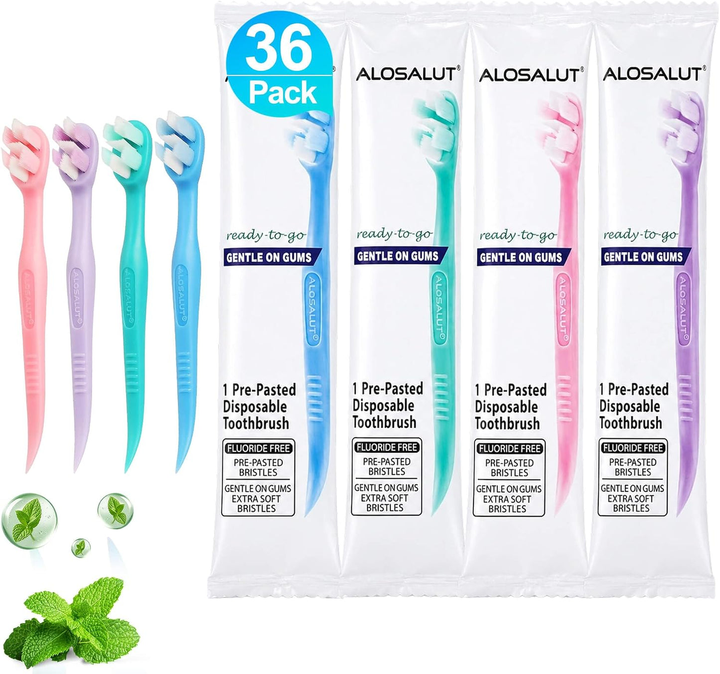 36 Pack Pre-Pasted Mint Disposable Toothbrushes – Individually Wrapped Mini Ultra Soft Bristles Toothbrush - Fluoride Free No Rinsing - 3-in-1 with Floss Pick Tongue Cleaner for Braces Travel Camping
