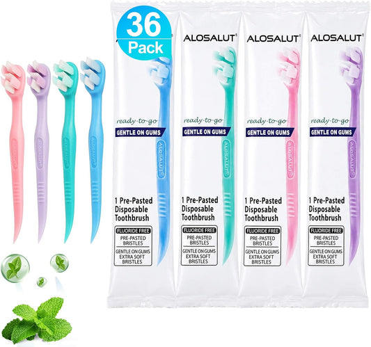 36 Pack Pre-Pasted Mint Disposable Toothbrushes – Individually Wrapped Mini Ultra Soft Bristles Toothbrush - Fluoride Free No Rinsing - 3-in-1 with Floss Pick Tongue Cleaner for Braces Travel Camping