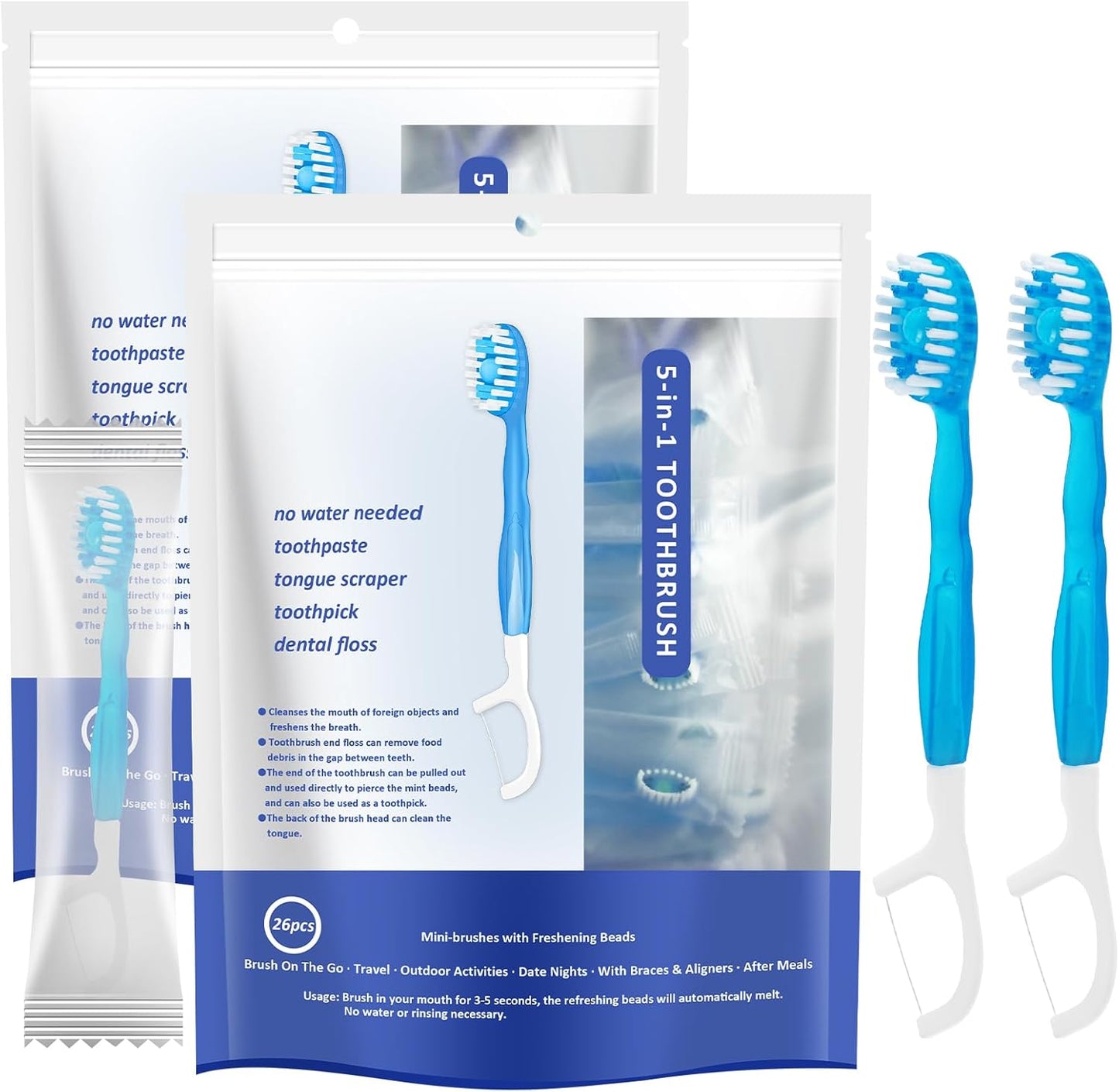5 in 1 Mini Brushes-Disposable Toothbrushes with Toothpaste + Floss + Pick + Tongue Scraper | Travel Size | Individually Wrapped | Soft | Mint | Travel Set (Mint, 52pcs(2Pack))