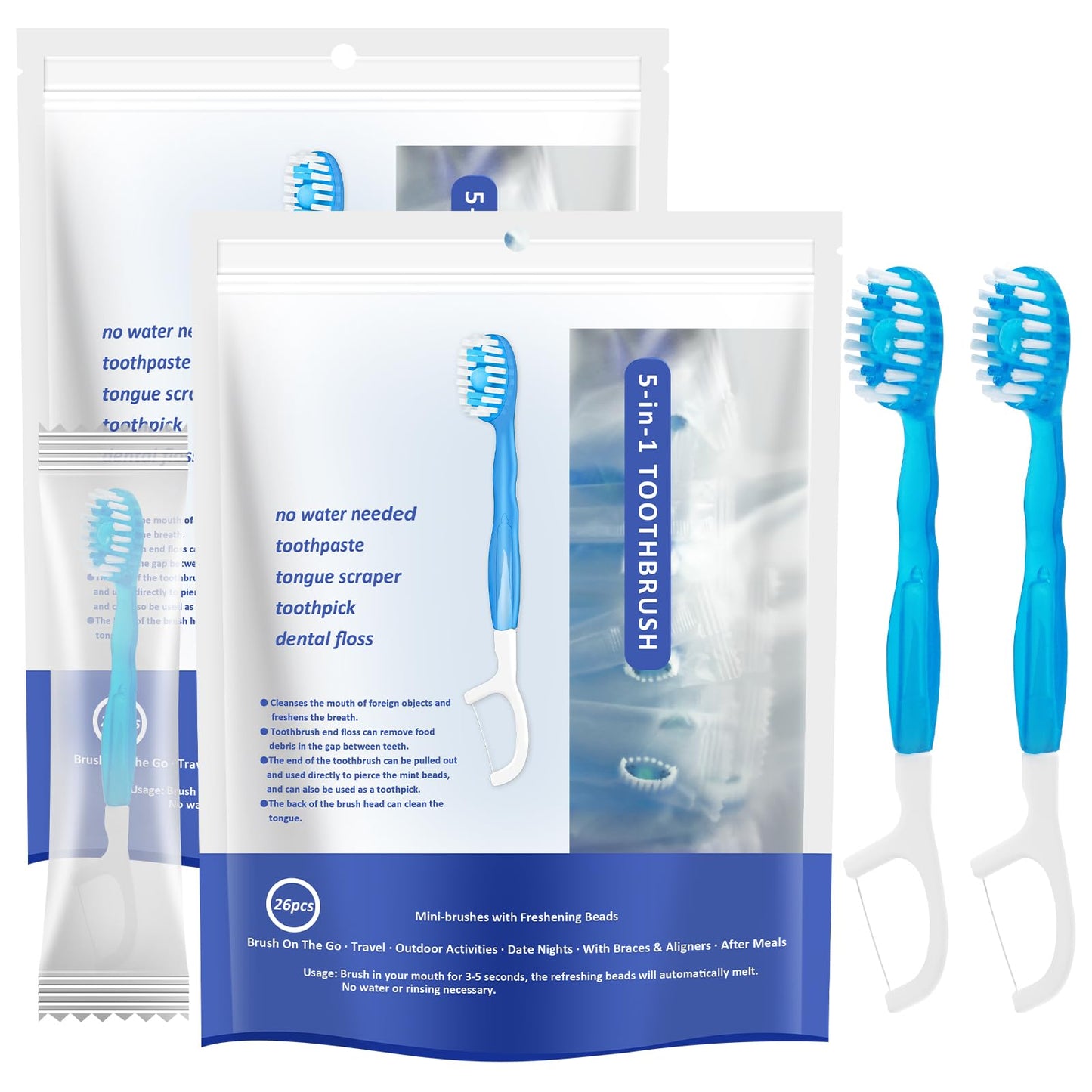 5 in 1 Mini Brushes-Disposable Toothbrushes with Toothpaste + Floss + Pick + Tongue Scraper | Travel Size | Individually Wrapped | Soft | Mint | Travel Set (Mint, 52pcs(2Pack))