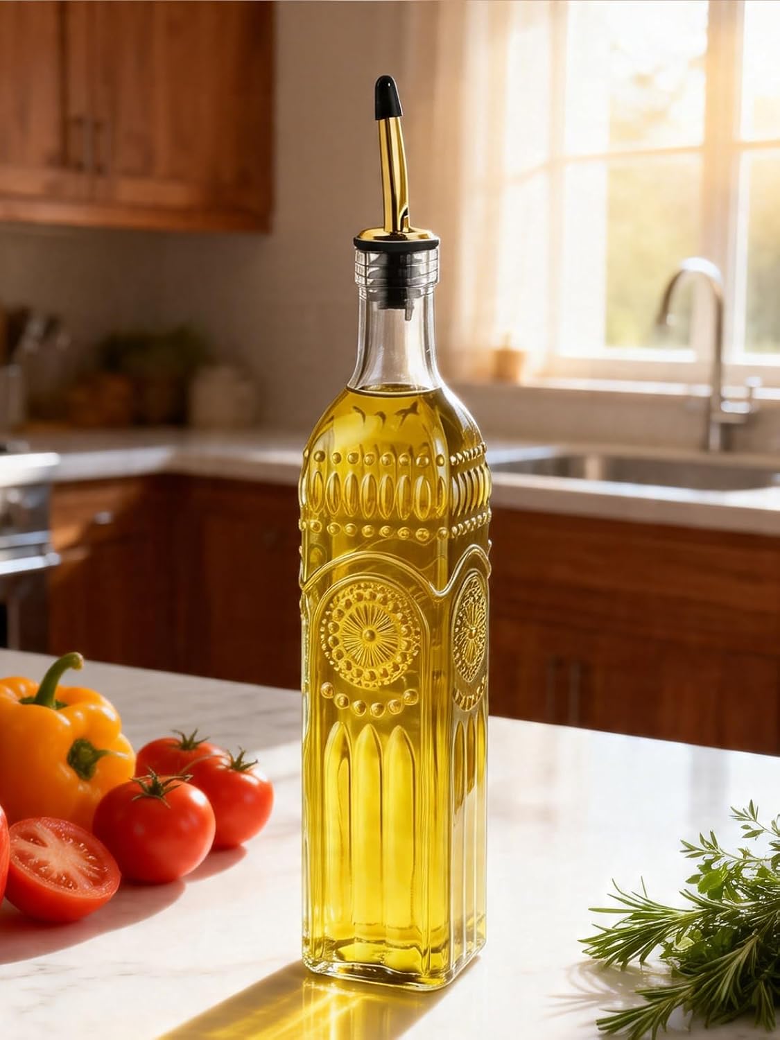 2 Pcs Olive Oil Dispenser Bottle for Kitchen,17oz Clear Glass Cooking Oil and Vinegar Dispenser Set, Coffee Syrup Dispenser with 2 Pourers and 1 Funnel (Two squares)