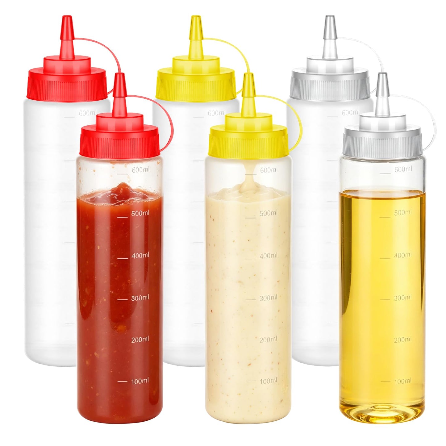 6 Pack Condiment Squeeze Bottles, 16 oz Wide Mouth Squeeze Bottles Set with 3-Color Top Cap Leak Proof, BPA Free Refillable Plastic Squirt Bottles for Sauces, Dressing, Oils, BBQ & Crafts