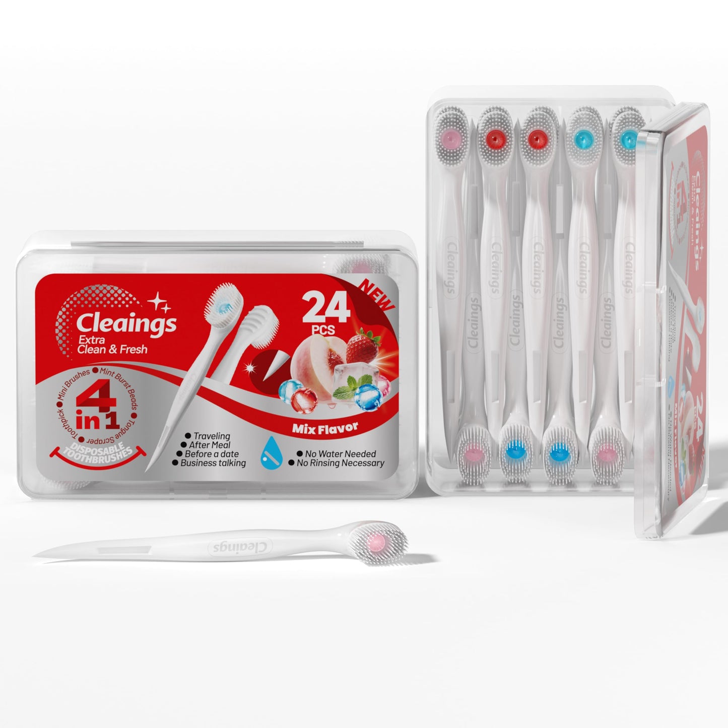cleaings® 48 Pcs Disposable Mini Toothbrush - Pre-Pasted with Mint Toothpaste & Toothpick - Travel Size Toiletries - 2 Packs of 24 - Mint Flavor