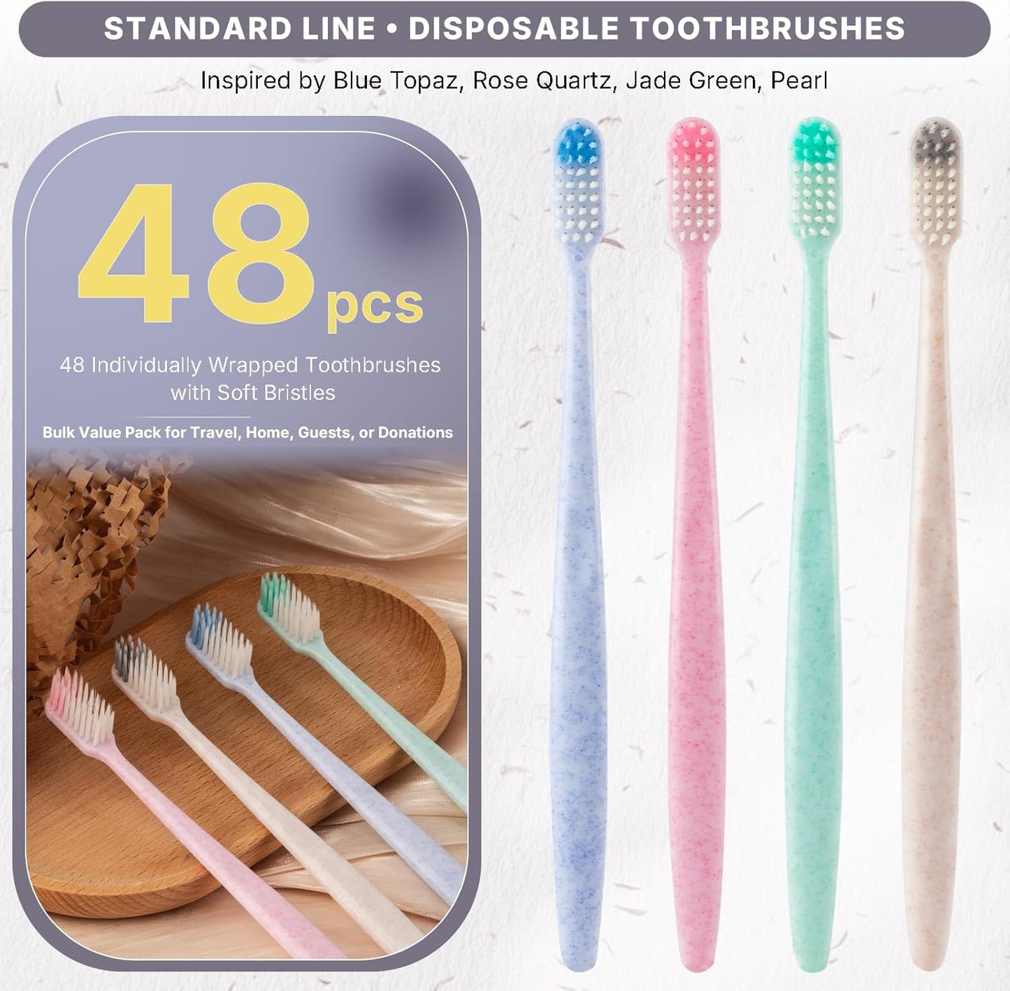 Bulk Disposable Toothbrushes, Individually Wrapped, 48 Count | Soft bristle toothbrushes, full-size handles, 4 colors; ideal for adults, kids, guests, hotels, travel, camping, hygiene kits