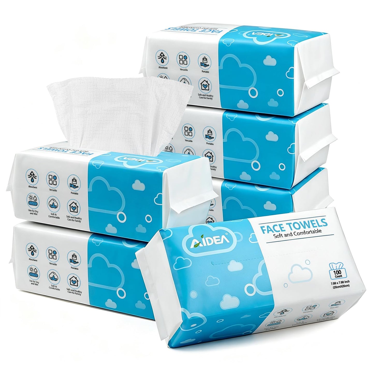 AIDEA Face Towels Disposable-100Ct (2 Box), Face Cloths for Sensitive Skin | Clean Facial Towelettes, Facial Cleansing Wipes for Makeup Removing, Nursing, Travel, Dry Wipes