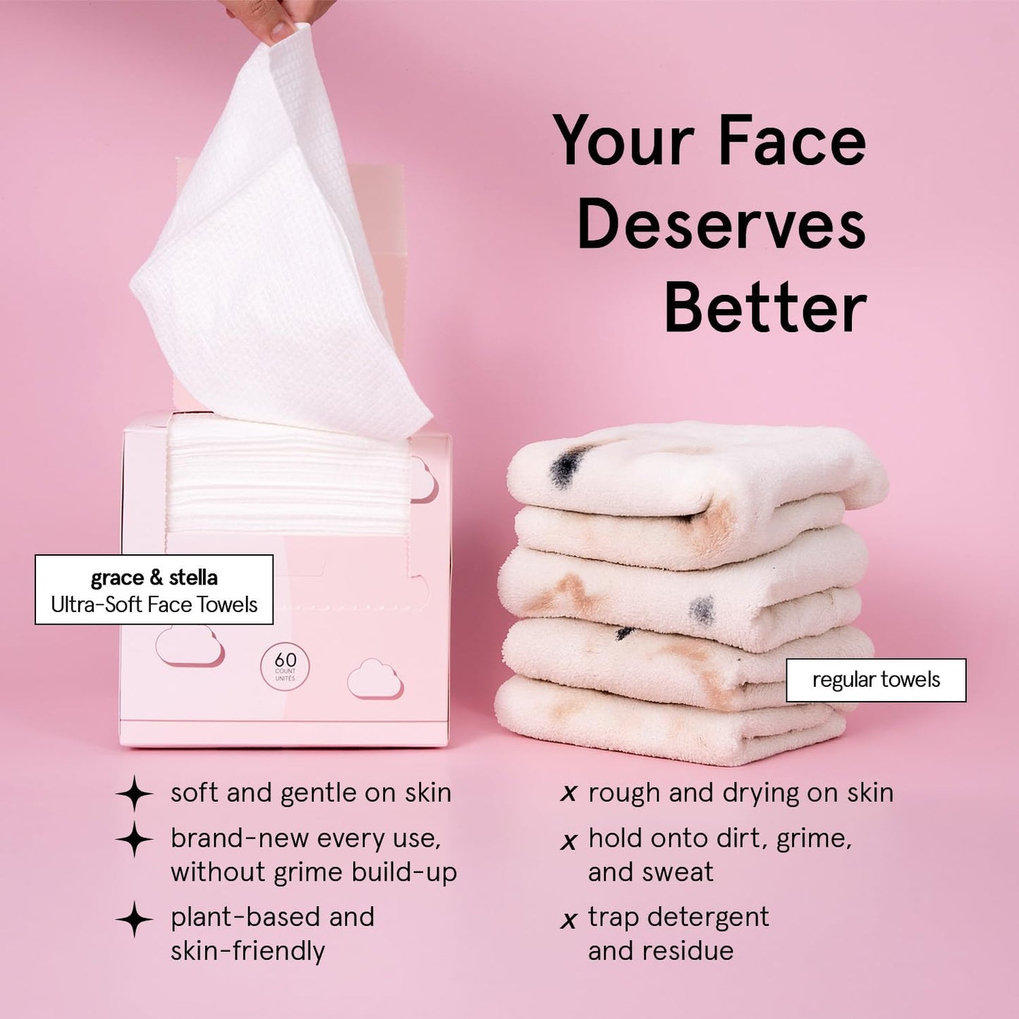 grace & stella Face Towels Disposable XL- Travel Essentials (60 Count) | Ultra-Soft & Absorbent Face Wipes Towelettes, Facial Towels for Cleansing & Makeup Removal - Face Cleansing Foaming Nets