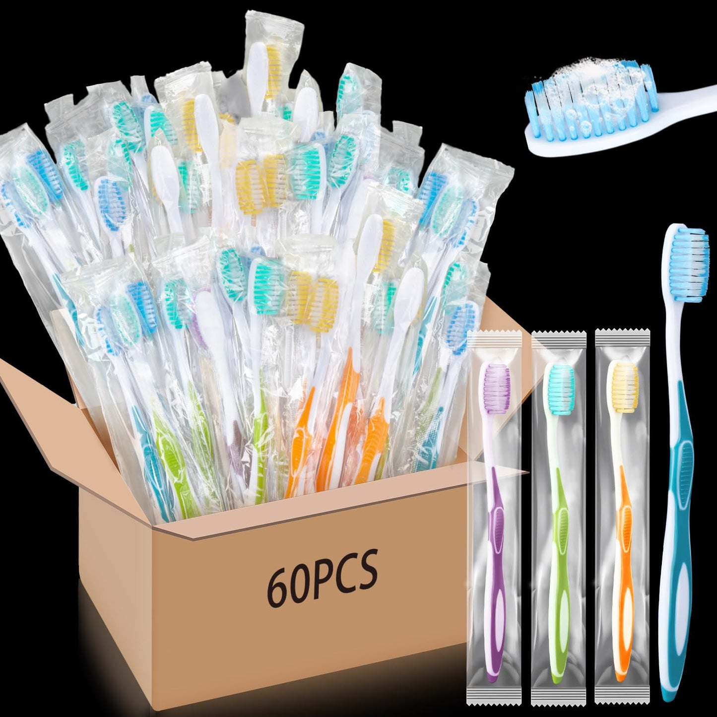 Maxcheck 200 Pack Disposable Toothbrushes Bulk,Blue, Orange, Green, Purple | Prepasted Toothpaste Built in, Individually Wrapped, For Travel Hotel Guests Donation Shelters Camping Homeless Gift