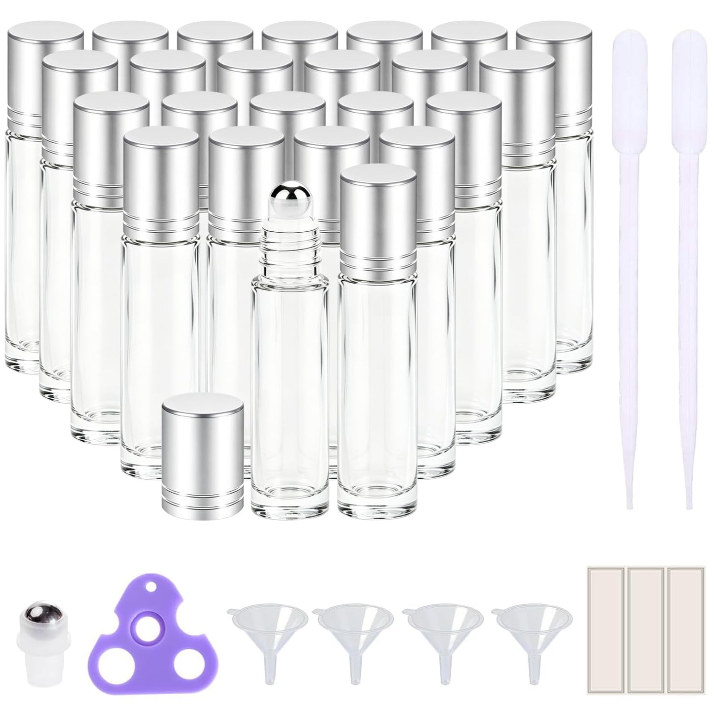 PrettyCare Set of 60, 10 ml Essential Oil Roller Bottles with Stainless Steel Roller Ball - Bulk Refillable Leak-proof Empty Clear Glass Roll on Bottles with Silver Metal Caps for Travel, Perfume