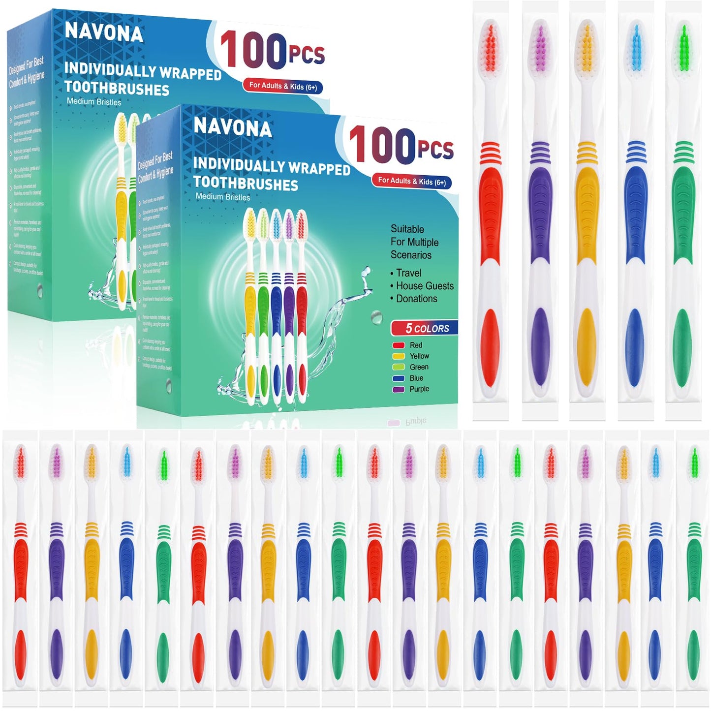 30 PCS Disposable Toothbrushes Pack, Bulk Toothbrush Individually Wrapped | Medium Soft Bristle Toothbrush, Kids Toothbrushes, Ergonomics Handle, Perfect for Travel Hotel Donation
