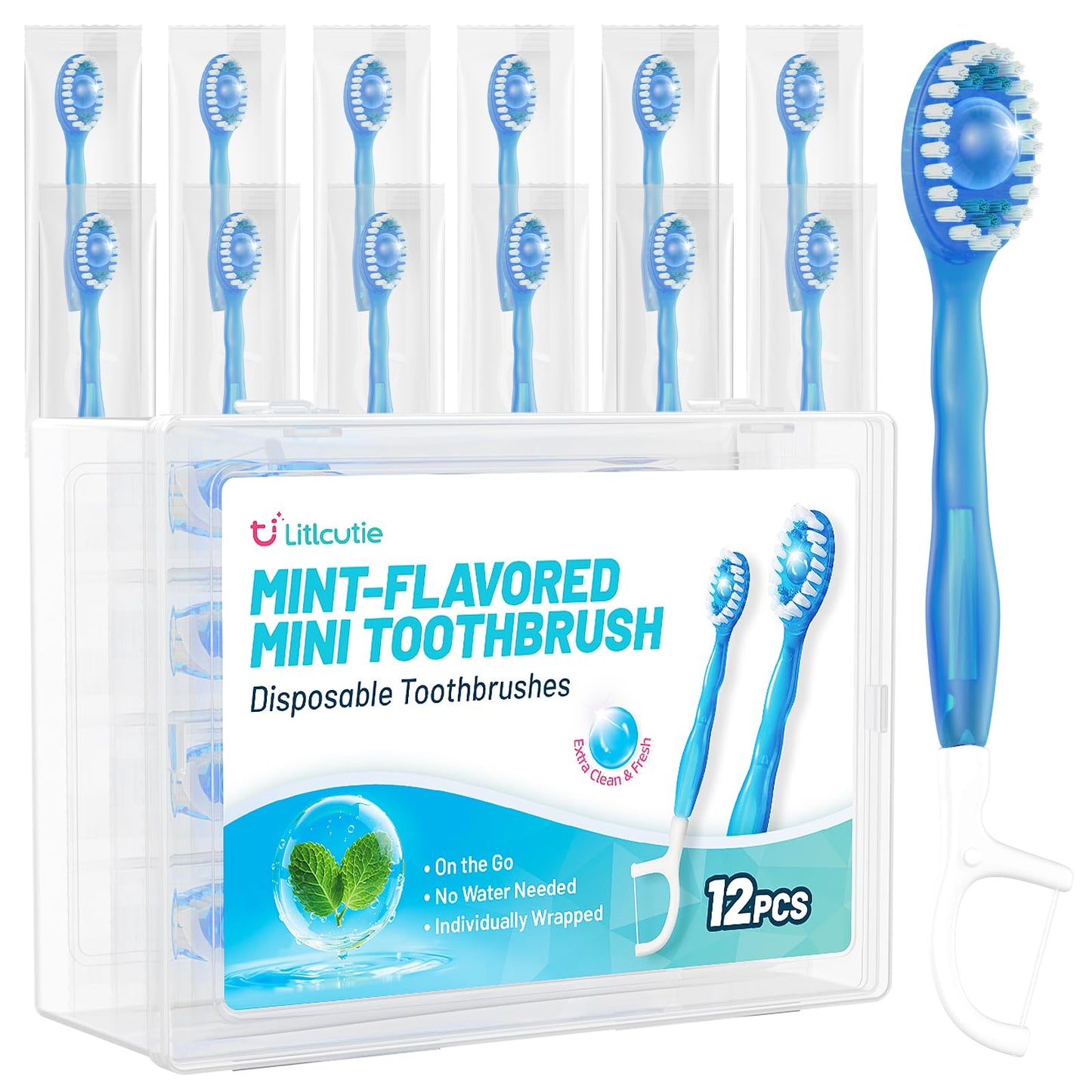 12 Pack 5 in 1 Mini Disposable Toothbrush Kit, Green Tea Flavor | Individually Wrapped, Built-in Toothpaste, Floss, Tooth Pick, Tongue Scraper, Portable for Kids Adults