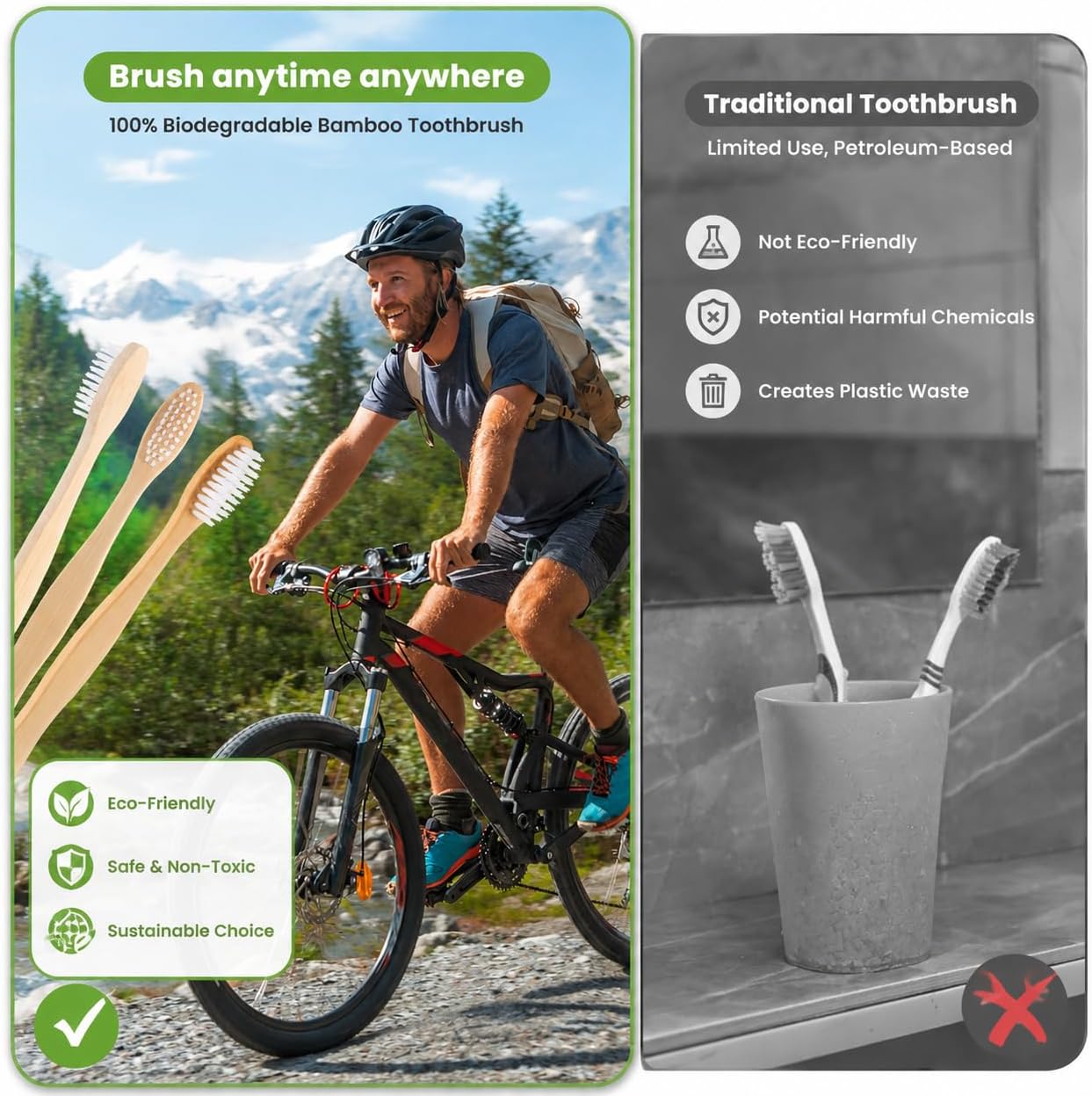 B Rush® 72Pack Bamboo Prepasted Toothbrush, Individually Wrapped Mini Travel Toothbrush with Pre-Pasted Mint Gel, Biodegradable Eco-Friendly Disposable Toothbrushes Travel Set for Adults & Kids