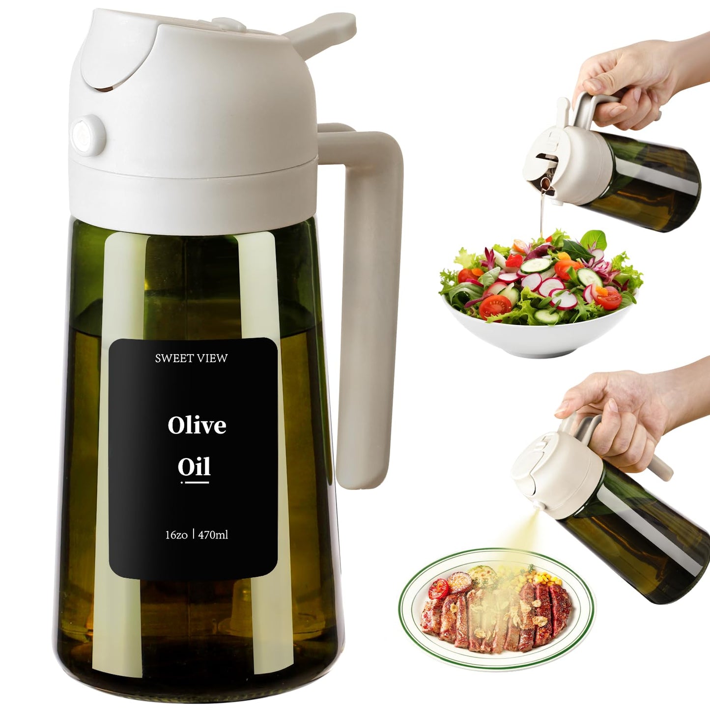 SWEET VIEW 2Pcs Olive Oil Spray Bottle 16oz/470ml | Glass Light-Proof Oil Pourer/Dispenser for Kitchen Air Fryer, Cooking, Salad, and BBQ, with Stickers