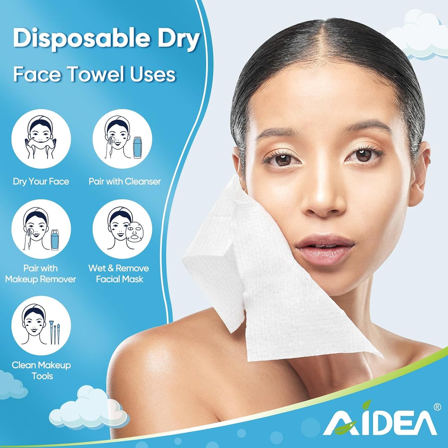 AIDEA Face Towels Disposable-100Ct (2 Box), Face Cloths for Sensitive Skin | Clean Facial Towelettes, Facial Cleansing Wipes for Makeup Removing, Nursing, Travel, Dry Wipes
