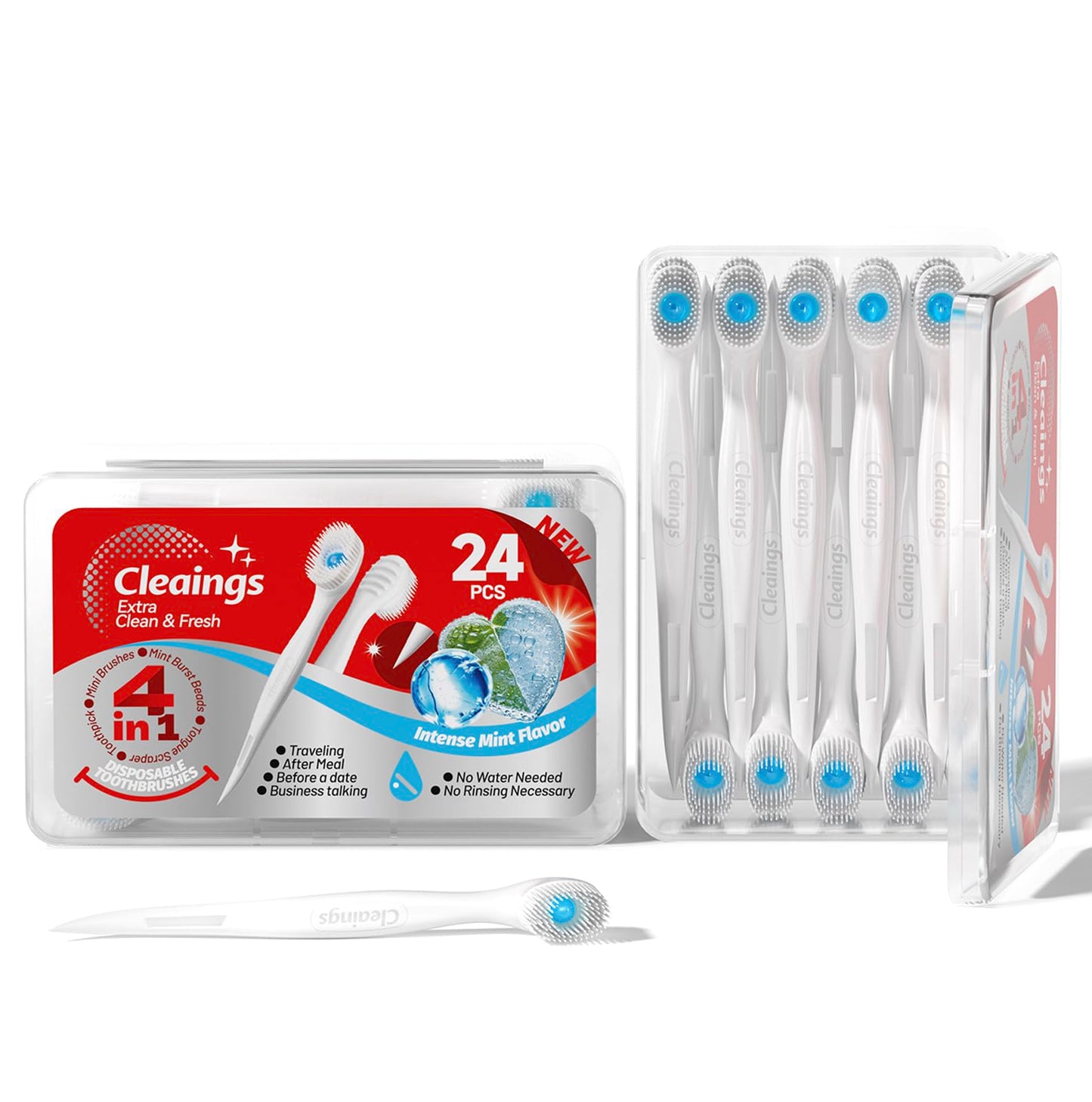 cleaings® 48 Pcs Disposable Mini Toothbrush - Pre-Pasted with Mint Toothpaste & Toothpick - Travel Size Toiletries - 2 Packs of 24 - Mint Flavor