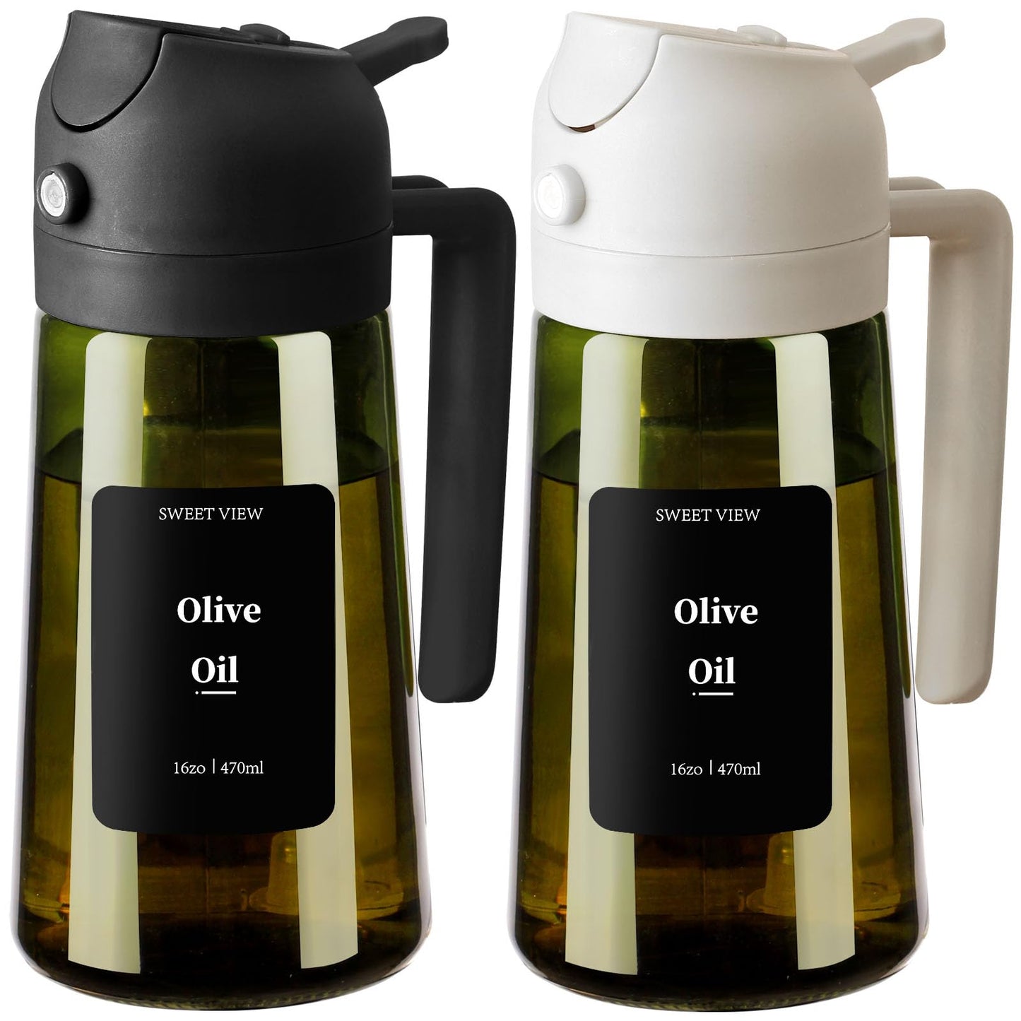 SWEET VIEW 2Pcs Olive Oil Spray Bottle 16oz/470ml | Glass Light-Proof Oil Pourer/Dispenser for Kitchen Air Fryer, Cooking, Salad, and BBQ, with Stickers