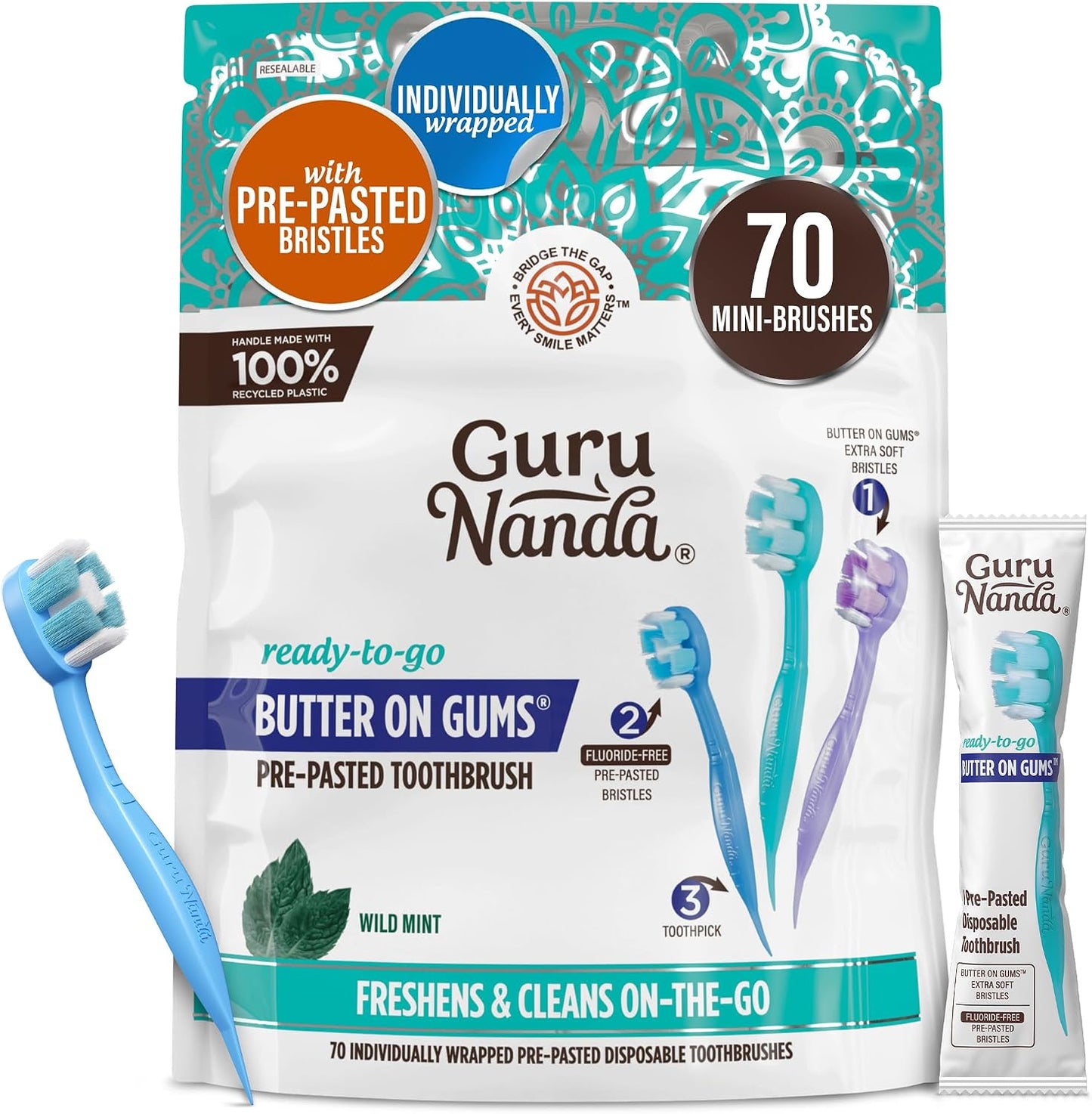 GuruNanda Disposable Travel Toothbrush 1.0, Fluoride Free Toothpaste, 70 ct | 2-In 1 Ready-To-Go Soft Bristle Toothbrushes with Toothpick|Individually Wrapped Travel Essentials|Made with Recycled Plastic