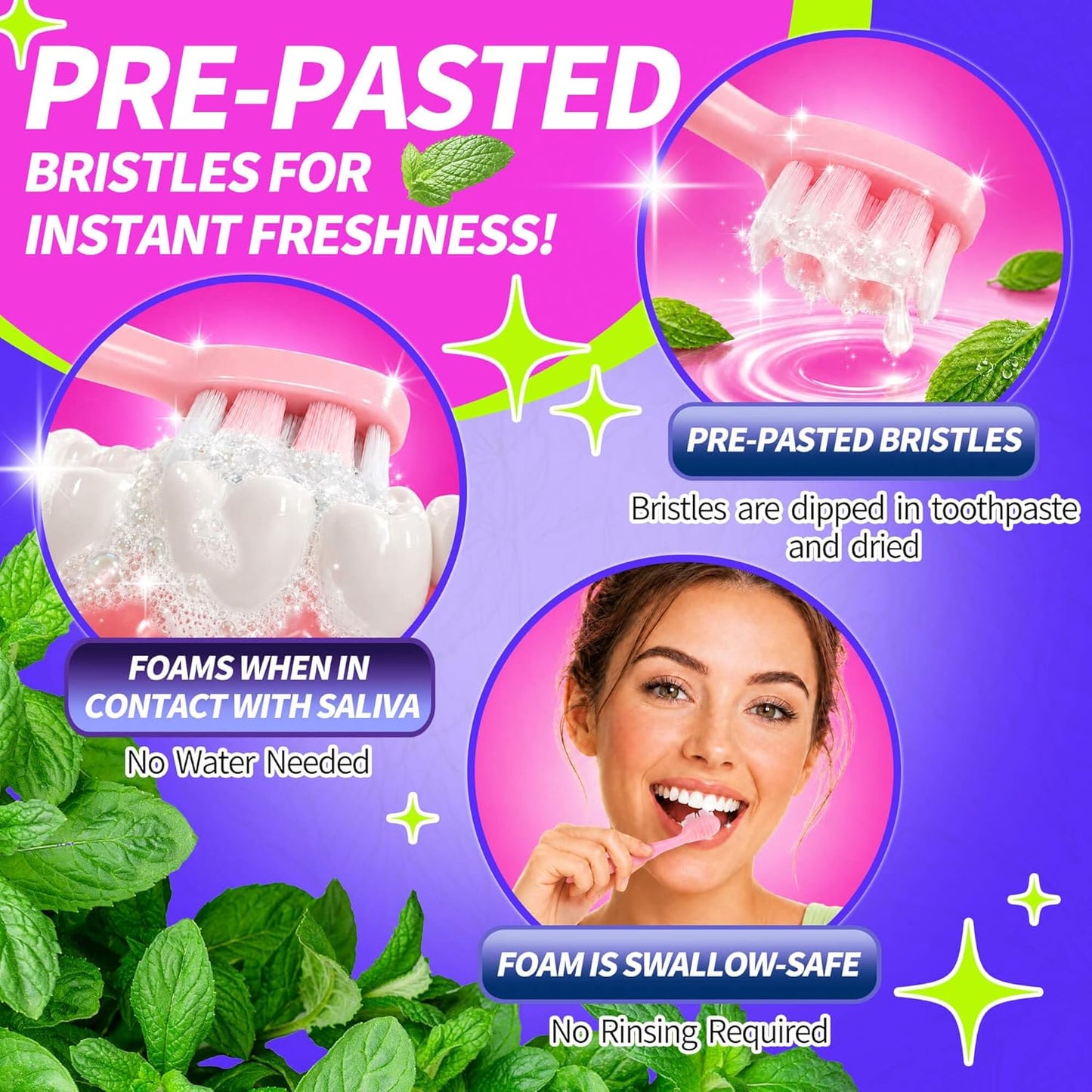 36 Pack Pre-Pasted Mint Disposable Toothbrushes – Individually Wrapped Mini Ultra Soft Bristles Toothbrush - Fluoride Free No Rinsing - 3-in-1 with Floss Pick Tongue Cleaner for Braces Travel Camping