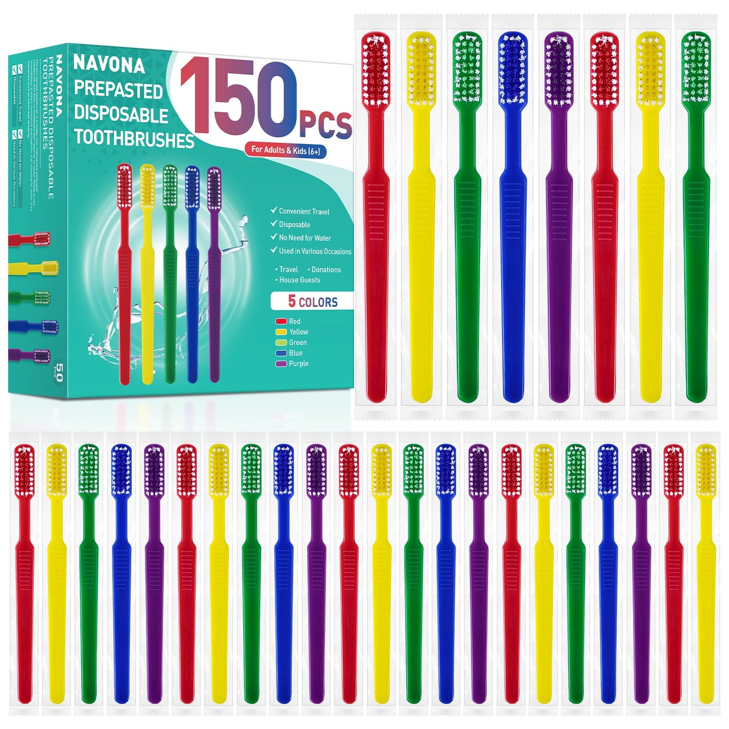 150 PCS Prepasted Disposable Toothbrushes with Toothpaste, Bulk Toothbrush | Premium Bulk Disposable Toothbrushes Individually Wrapped, Single Use Prepasted Toothbrush for Travel, Guests, Hotel, Camping