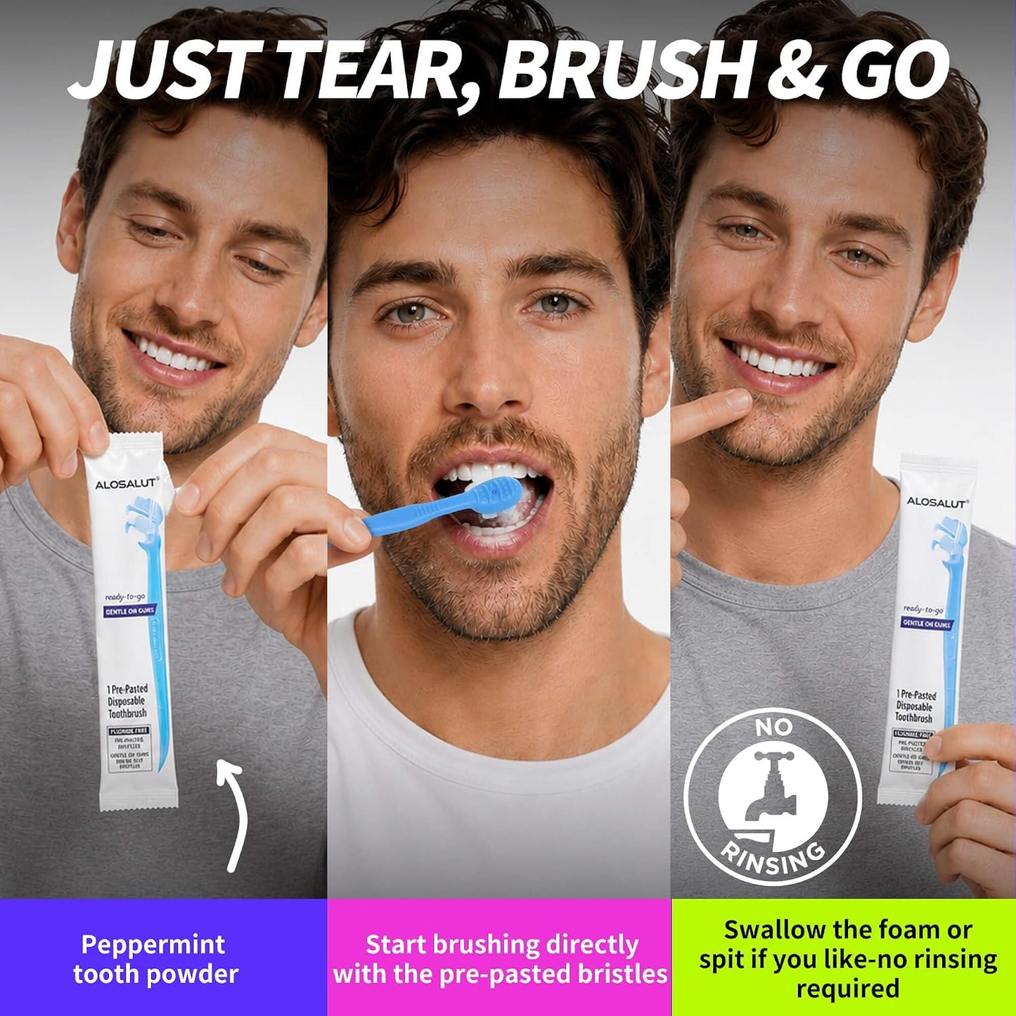 36 Pack Pre-Pasted Mint Disposable Toothbrushes – Individually Wrapped Mini Ultra Soft Bristles Toothbrush - Fluoride Free No Rinsing - 3-in-1 with Floss Pick Tongue Cleaner for Braces Travel Camping