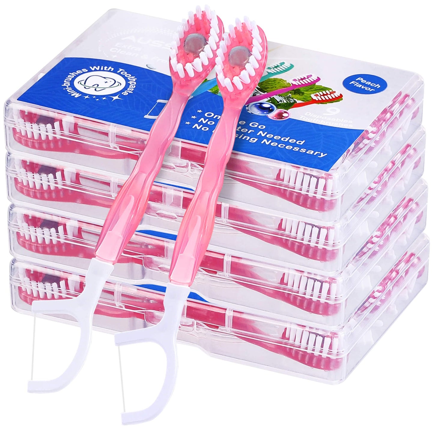 36 Pack Mini Disposable Toothbrushes – 5-in-1 Prepasted Travel Toothbrush with Toothpaste Floss & Pick for Hotel Camping Flight Car Guest Use – 9ct per Portable Case Essentials for Women Men Kids