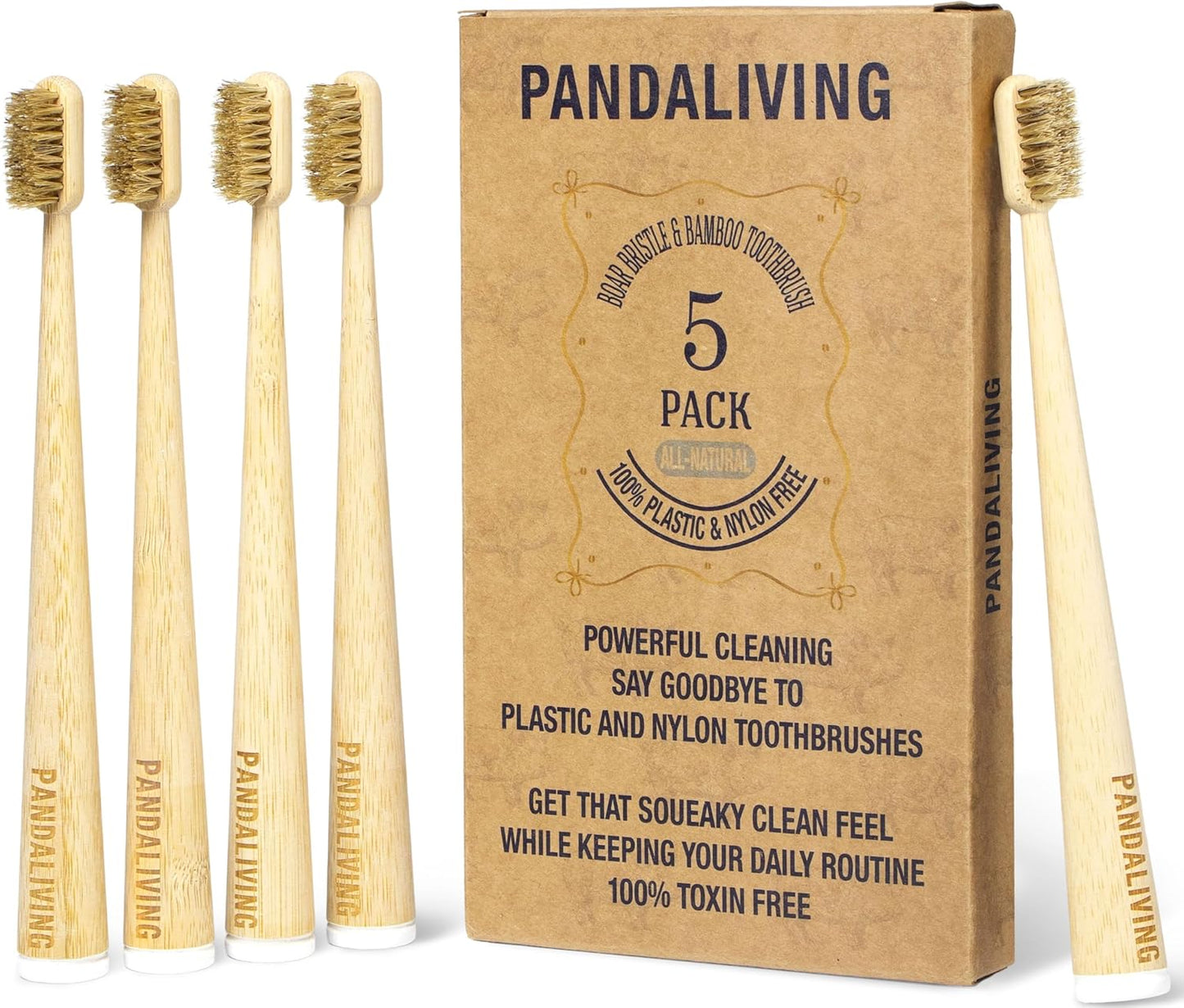 Firm Boar Bristle Bamboo Toothbrushes 5 Pack | Plastic & Nylon Free, 100% Biodegradable & Compostable | Quick Dry Design | Natural Organic Toothbrush, Hard Bristles Toothbrushes