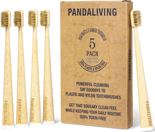Firm Boar Bristle Bamboo Toothbrushes 5 Pack | Plastic & Nylon Free, 100% Biodegradable & Compostable | Quick Dry Design | Natural Organic Toothbrush, Hard Bristles Toothbrushes