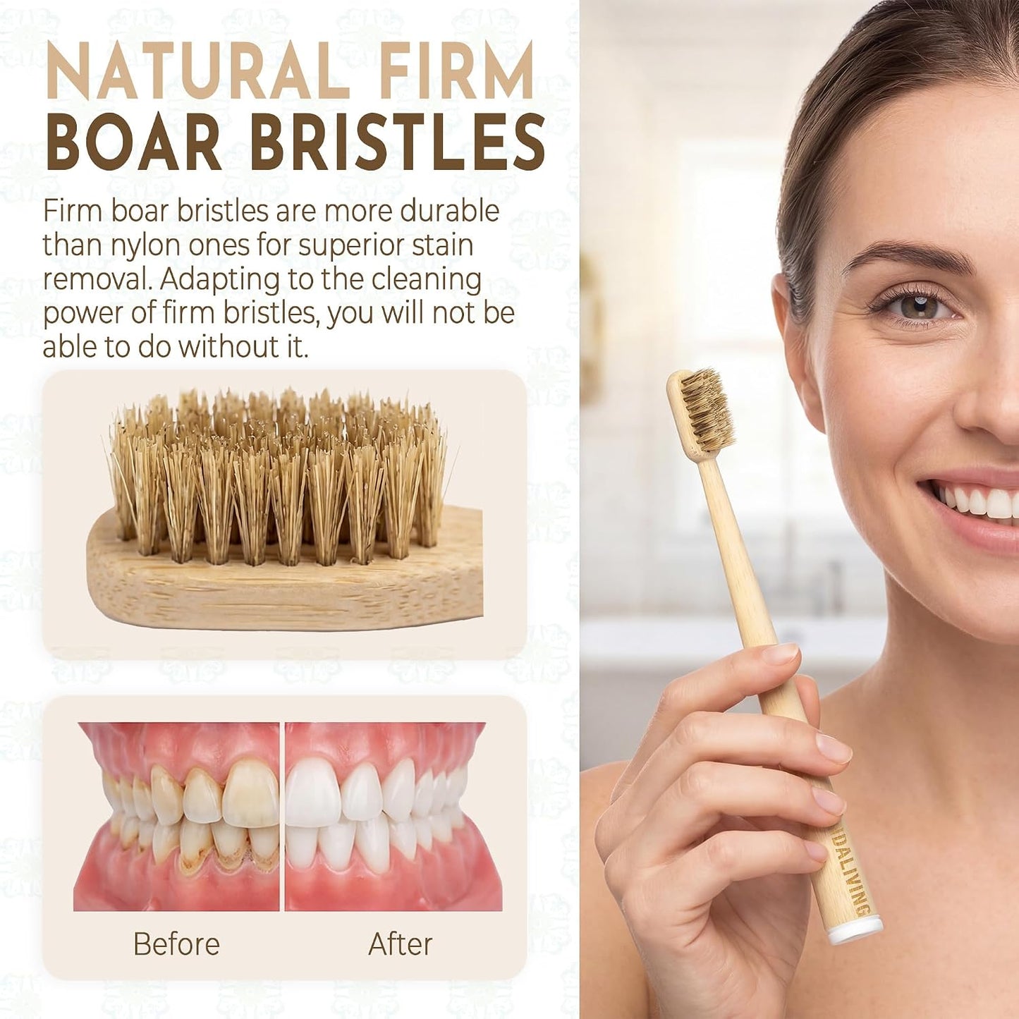 Firm Boar Bristle Bamboo Toothbrushes 5 Pack | Plastic & Nylon Free, 100% Biodegradable & Compostable | Quick Dry Design | Natural Organic Toothbrush, Hard Bristles Toothbrushes