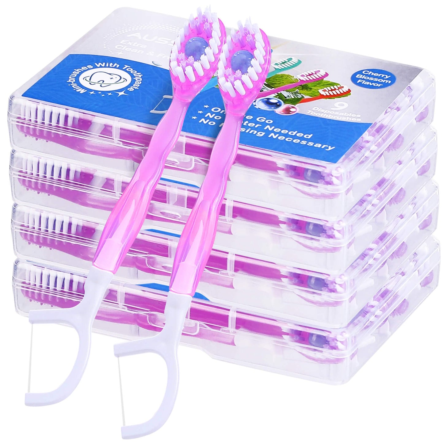 36 Pack Mini Disposable Toothbrushes – 5-in-1 Prepasted Travel Toothbrush with Toothpaste Floss & Pick for Hotel Camping Flight Car Guest Use – 9ct per Portable Case Essentials for Women Men Kids
